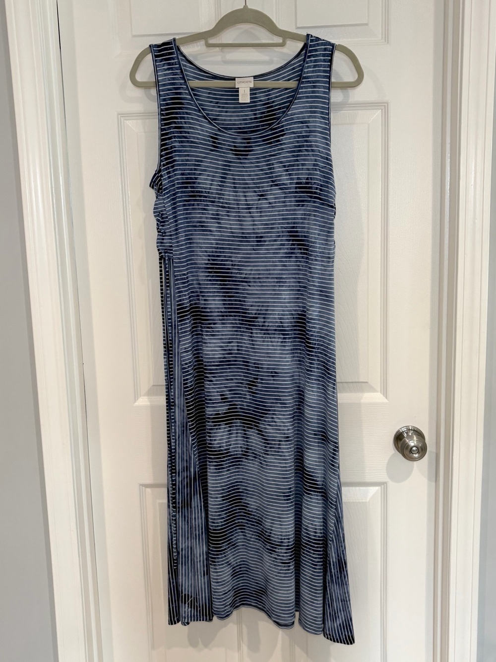 Chico's Stretchy Cinched Sides Blue Striped Tie-Dye Tank Dress Sz 1 (M 8/10)